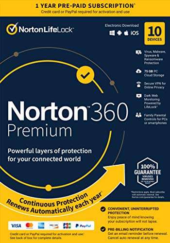 Norton 360 Premium, 2023 Ready, Antivirus software for 10 Devices with Auto Renewal - Includes VPN, PC Cloud Backup & Dark Web Monitoring [Key card]