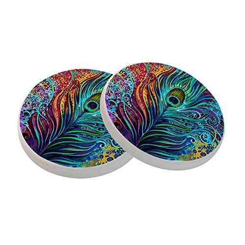 oFloral Peacock Feather Coasters for Drinks Absorbent Set of 2 Dreamlike Colors Fantasy Aesthetic House Warming Gifts New Home for Table Protection, 4 Inch