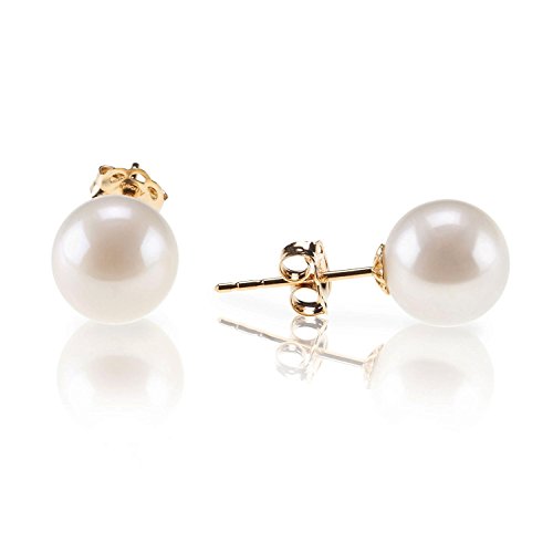 PAVOI 18K Yellow Gold Plated Sterling Silver Round Stud White Simulated Shell Pearl Earrings - 6mm