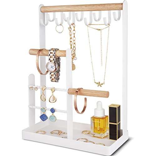 ProCase Jewelry Organizer Stand Necklace Holder, 4-Tier Jewelry Tower Rack with Earring Tray and Holes, 10 Hooks Necklaces Hanging Storage Tree Display for Bracelets Watches Earrings Rings -White