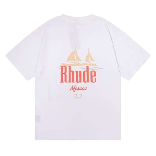 Rhude T-Shirt Men and Women Fashion Graphic T Shirt New Summer Popular Short Sleeve Tshirt Hip Hop Crewneck Tees Tops (White,Small,Small)