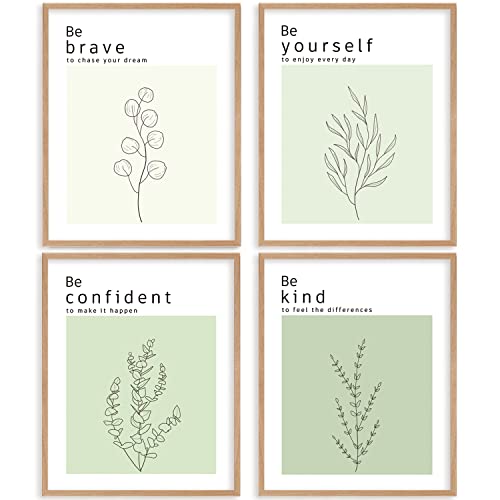 Sage Green Room Decor Wall Art Prints Bedroom, Inspirational Office Wall Decor, Positive Motivational Wall Decor Art Quotes, Botanical Aesthetic Posters for Bedroom, Pastel Danish Room Decor Prints, 8x10 Unframed,4PCS
