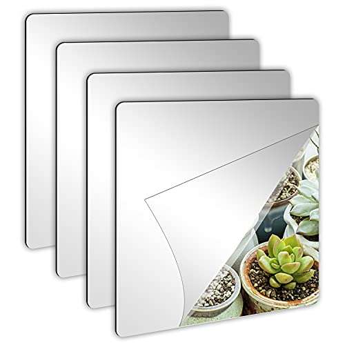 Self Adhesive Acrylic Mirror, Mirror Tiles,Flexible Plastic Mirror Sheets Wall Stickers,2MM Thick Mirror,Frameless Small Mirror, 4 Pack ( 8 x 8 Inches)