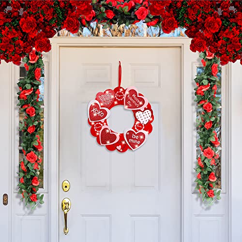 Sggvecsy Valentine's Day Wreath Hanging Sign for Front Door 13.8 Inch Red Heart Shaped Felt Wreath with LED Lights Wall Hanging Glitter Wreath for Valentines Day Home Indoor Outdoor Decoration
