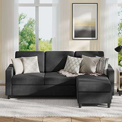 SUNLEI 79'' Convertible Sectional Sofa, L Shaped Couch Reversible Chaise Modern Linen Fabric,Sectional Sofa Couch for Small Space(Black)