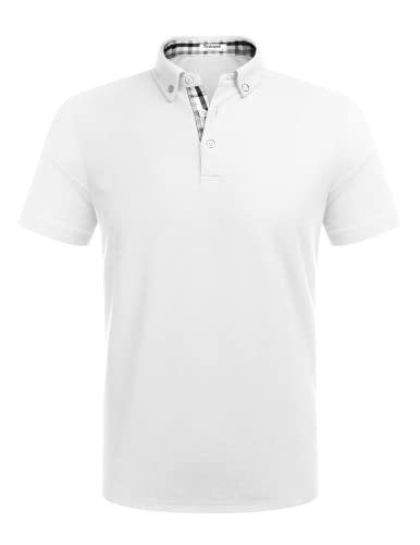 Tinkwell Men's Regular Fit Shirt Short Sleeve Checked Collar Tshirt Casual Sport Office Basic Golf Polo White XL