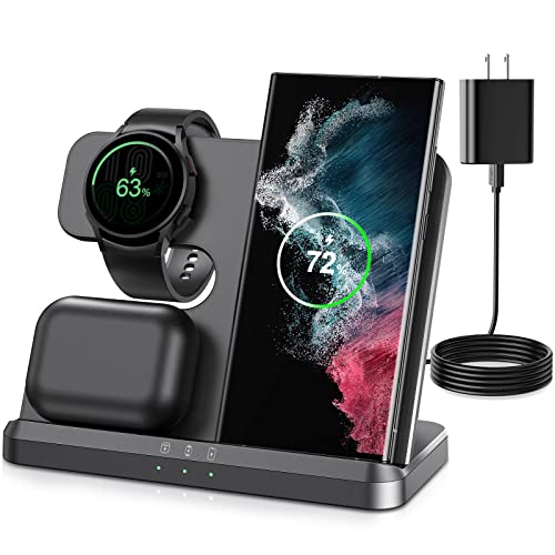 Wireless Charging Station for Samsung, 3 in 1 Fast Charger Dock for Galaxy Watch 5 Pro/5/4/3/Active 2,Galaxy S22 S22+ S21 S20 Ultra FE/Note 20 10 9/ Z Flip Fold 4 3 2, Buds/2/Pro/Live