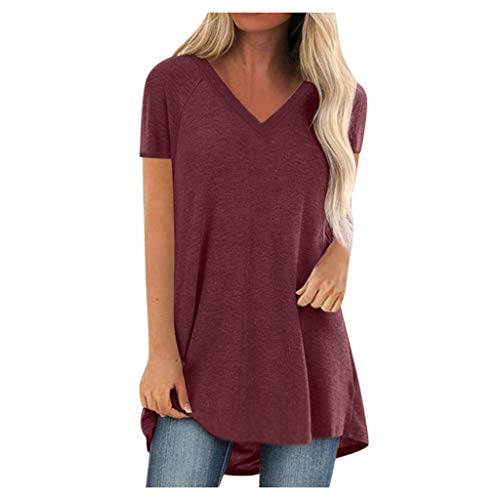 Women Summer Casual Tshirt Top Trendy Loose Fit Solid Long Tunic Tee Sexy Short Sleeve Plus Size V Neck Workout Blouse