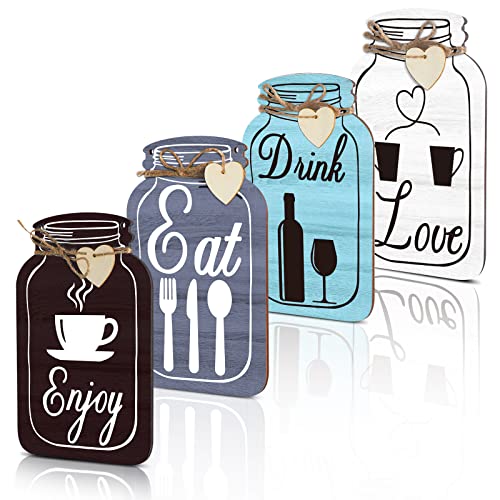 Yalikop 4 Pcs Wooden Kitchen Wall Decor Eat Drink Enjoy Love Wood Sign Mason Jar Shaped Wooden Rustic Home Decor for Home Kitchen Dining Room Decor (Gray, White, Blue, Dark Brown, Retro Style)