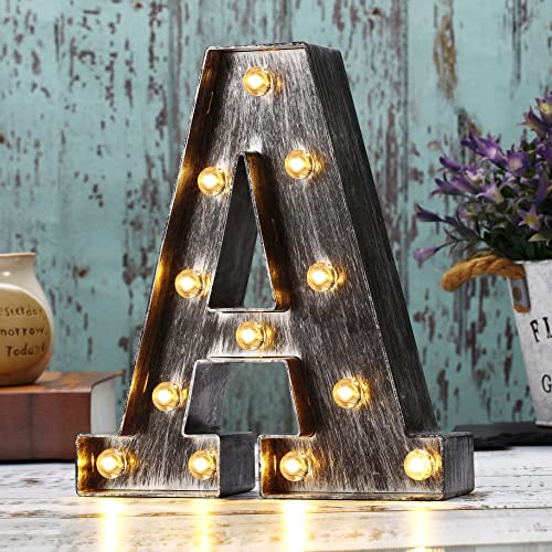 YOUZONE Retro Led Marquee Letter Lights - Industrial, Vintage Style Light Up Letters Alphabet Sign for Cafe Wedding Birthday Party Christmas Lamp Home Bar Initials Decor - A
