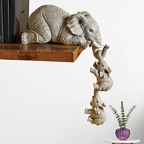 zhancydeal Elephant Sitter Figurines, Elephant Mothers Hanging Two Babies Statue Hanging Off The Edge of a Shelf or Table, Hand-Painted Resin Collections Figurines for Mother feets Day, Small