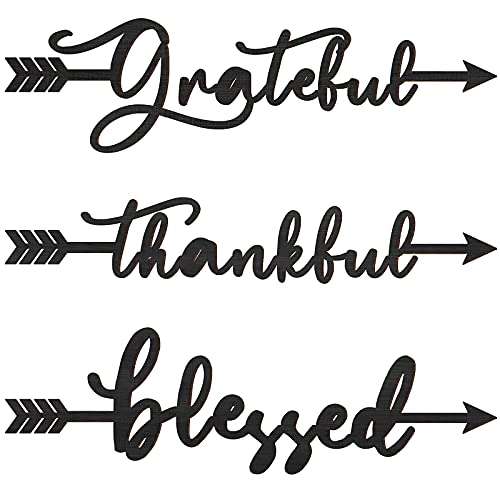 3 Pcs Thankful Grateful Blessed Cutout Sculptures Arrow Signs Rustic Wall Art Ornaments Blessed Thankful Grateful Word Signs Wood Decorative Accent Decors for Farmhouse Kitchen Living Room (Black)