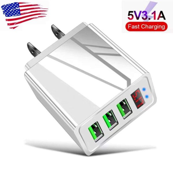 3 Port USB Home Wall Fast Charger for Cell Phone iPhone Samsung Android White