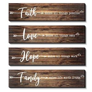4 Pieces Rustic Wood Sign Wall Decor Faith Makes All Things Possible Quote Sign Rustic Love Hope Family Wood Sign Home Decoration for Home Office Wedding Kitchen, 13 x 3 x 0.2 Inch (Brown)