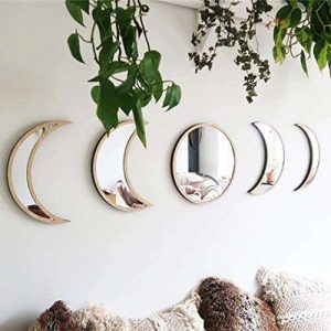 5 Pieces Scandinavian Natural Decor Acrylic Wall Decorative Mirror Interior Design Wooden Moon Phase Mirror Bohemian Wall Decoration for Home Living Room Bedroom Decor - No Need to Punch (Beige)