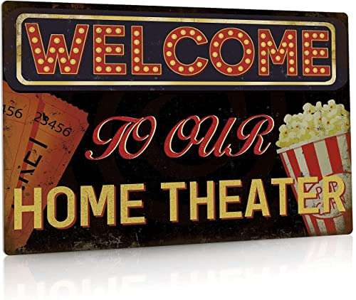 Authnature Welcome to Our Home Theater, Movie Theater Aluminum Weatherproof Metal Sign Custom Personalized Tin Sign Wall Decor Housewarming Gift 8X12 Inch