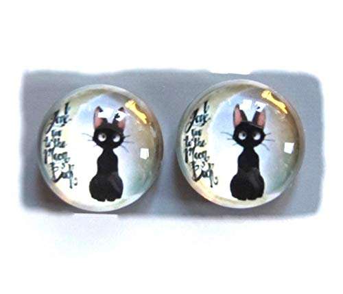 Black Cat Crescent Half Moon 12mm Glass Circle Stud Earrings, Handmade in the USA, Nickel Free Hypoallergenic Titanium Posts Earrings-B11