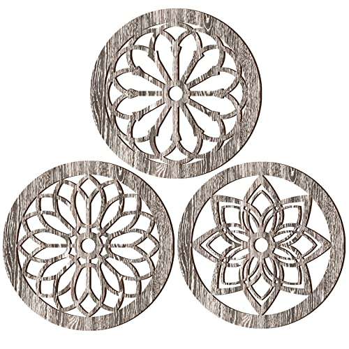 Blulu 3 Pcs Thickened Wooden Rustic Wall Decor Flower Carved Wall Art Farmhouse Geometric Frame Hanging Art Decor for Home Decor (Light Brown,Round)