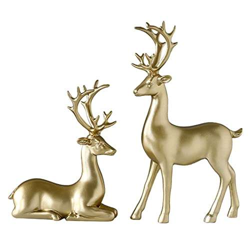 BULINGNA 2Pcs Christmas Reindeer Figurines, Resin Elk Sculpture Miniature Figurine Xmas Deer Statue Artificial Animal Crafts Home Decoration Ornament (Solid Gold)