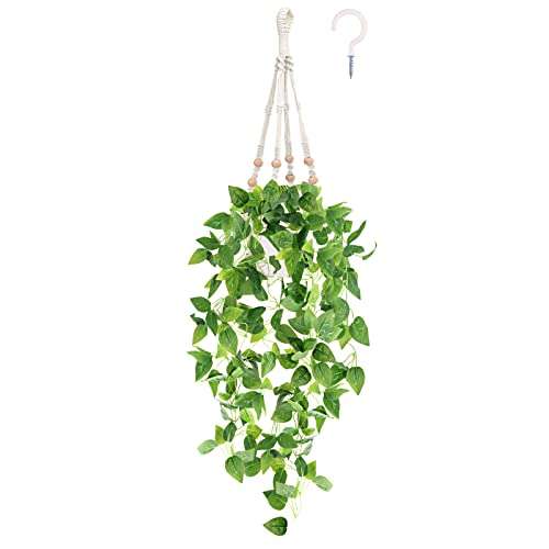 CEWOR Fake Hanging Plant with Pot, Artificial Hanging Plant Vine for Home Decor Indoor, Macrame Plant Hanger with Fake Vines Faux Hanging Planter Greenery for Bedroom Bathroom Kitchen Office Decor