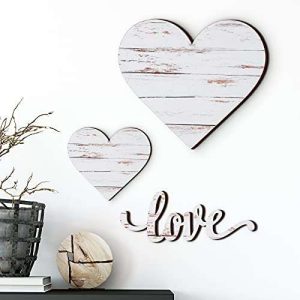 Chitidr 3 Pieces Heart Shaped Wood Sign Heart-Shaped Wooden Wall Sign Wood Heart Wall Decor Rustic Hanging Sign Wooden Heart Plaque for Home Farmhouse Living Room Bedroom (White)