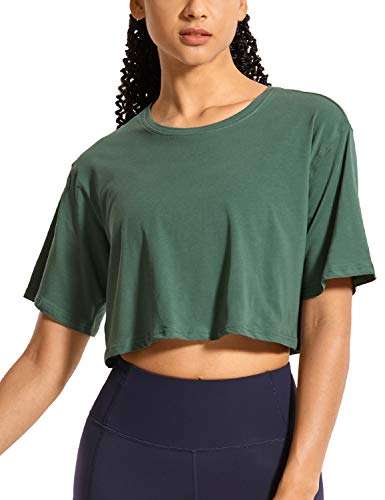 CRZ YOGA Women's Pima Cotton Workout Crop Tops Short Sleeve Yoga Shirts Casual Athletic Running T-Shirts Graphite Green Medium