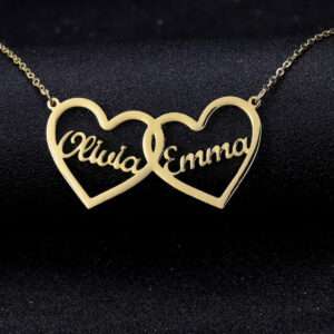 Double Heart Custom Name Necklace Love Gold Silver Stainless Steel Personalized