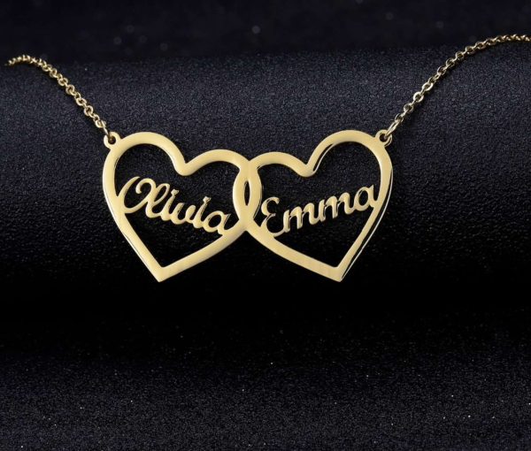 Double Heart Custom Name Necklace Love Gold Silver Stainless Steel Personalized
