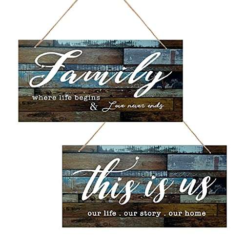 Farmhouse Rustic Bedroom Wall Decor - Family and This is us 2 Pieces Living Room Office Home House Art Signs Entryway Hanging Wooden Decorations Primitive Vintage Plaque, 6 x 12 Inch (Blue green)