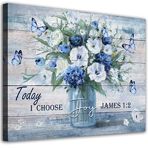 Flower Wall Art Today I Chose Joy Inspiraitional Pictures for Wall Decor Bouquet in Vase Canvas Pictures Butterflies White Blue Floral Canvas Prints Rustic Wooden Board Painting Artwork 12" x 16"