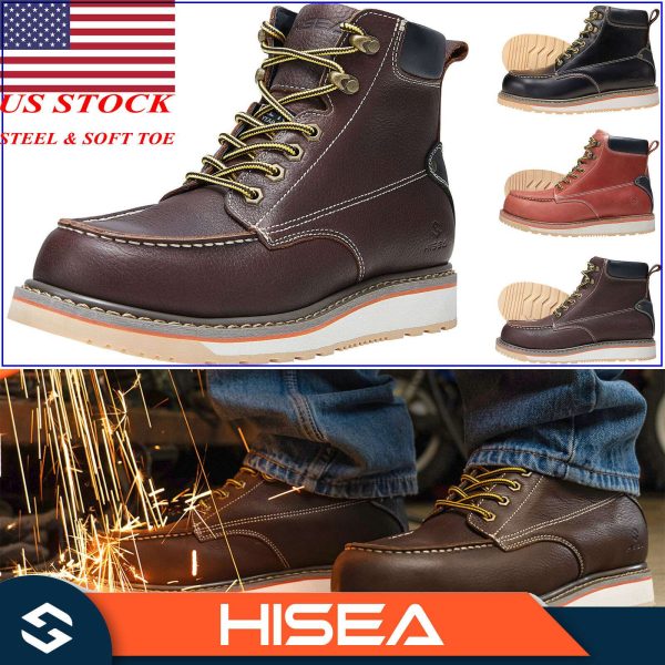 HISEA Men's Moc Toe Work Boots 6 Inch Steel Soft Toe Working Safety Boots Shoes