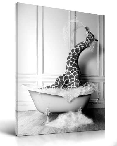iHery Funny Bathroom Wall Art Decor, Waterproof 12x16in Black and White Quality Canvas Wall Art Pictures, Wood Framed Funny Giraffe Bathing Animals Abstract Prints for Bedroom Kids Room 1 Pack