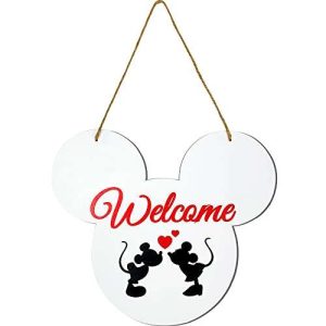 Jouierty Valentines Mouse Head Wooden Welcome Door Sign, Cartoon Mouse Kiss Hanging Sign Porch Front Door Wood Plaque Hanger for Farmhouse Sweet Home Decor Party Decoration Housewarming Wedding Gift