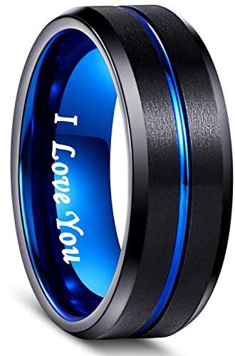 LaurieCinya 8mm Black Tungsten Carbide Wedding Band Blue Engagement Ring Men Women-Brushed Finished-Engraved I Love You Comfort Fit Size 9