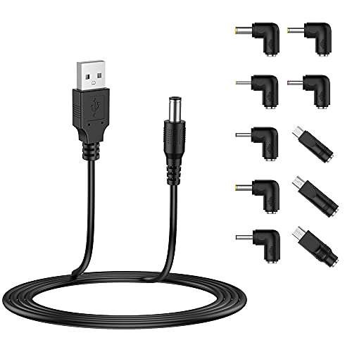 LIANSUM USB to DC 5V Power Cord, Universal DC 5.5x2.1mm Plug Jack Charging Cable with 10 Connector Tips(5.5x2.5, 4.8x1.7, 4.0x1.7, 4.0x1.35, 3.5x1.35, 3.0x1.1, 2.5x0.7, Micro USB, Type-C, Mini USB)5FT