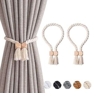 NICEEC 2 Pack Wooden Cube Magnetic Curtain Tiebacks Boho Home Decor Drape Tie Backs Natural Cotton Hand Woven Rope Curtain Holdbacks for Thin & Thick Home & Office Window Draperies (Beige)