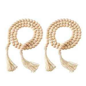 PHITRIC Wooden Beads Garland Boho Decor, 2 Pack 58 Inch Farmhouse Wood Beads Garland with Tassel for Bohemian Decoration, Rustic Home Garland for Tiered Tray, Coffee Table, Living Room, Decoration