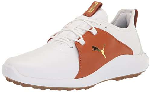 PUMA Men's Ignite Fasten8 Crafted Golf Shoe, White/Gold/Leather Brown, 11