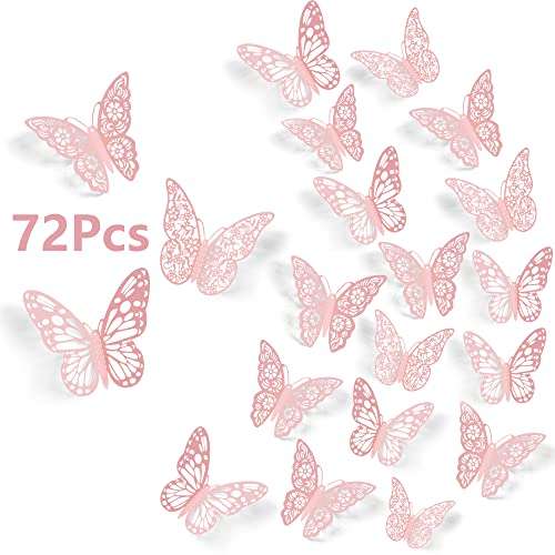 SAOROPEB 3D Butterfly Wall Decor, 72Pcs 3 Sizes 3 Styles, Removable Stickers Wall Decor Room Mural for Party Cake Decoration Metallic Fridge Sticker Kids Bedroom Nursery Classroom Wedding Decor DIY Gift (Pink)