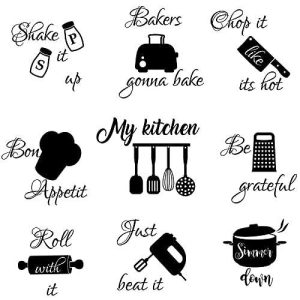Seajan Kitchen Wall Stickers Kitchen Quotes Wall Decals with Funny Lettering Vinyl Fun Utensils Sticker Peel and Stick Wall Arts for Fridge Restaurant Bar Home Decoration (Black,Medium)