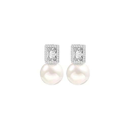 Silver Cubic Zirconia Halo Stud Earrings Trendy Shell Pearl Earrings for Women Emerald Cut Diamond Earrings Dainty Wedding Jewelry for Bridal