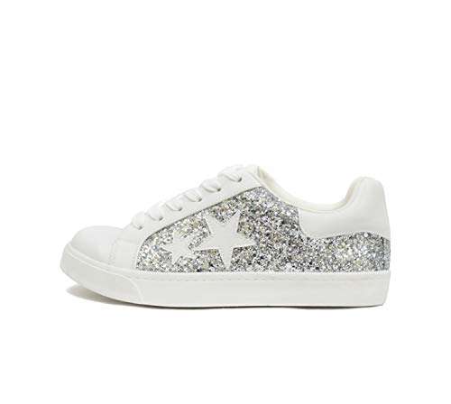Soda Wander ~ Lace-up Double Layer Foam Padded Cushion Sock with Stars Low top Fashion Sneakers (Silver Glitter, Numeric_9)