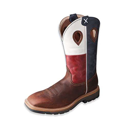 Twisted X Men’s 12” Pull-On Work Boot - Cowboy Boots Crafted with Molded Rubber Outsole, Full-Grain Leather Vamp and Shaft, Waterproof Interior Lining, Full-Length Composite Insole, and Air-Mesh Lined Shaft, Brown/Texas Flag 8 D