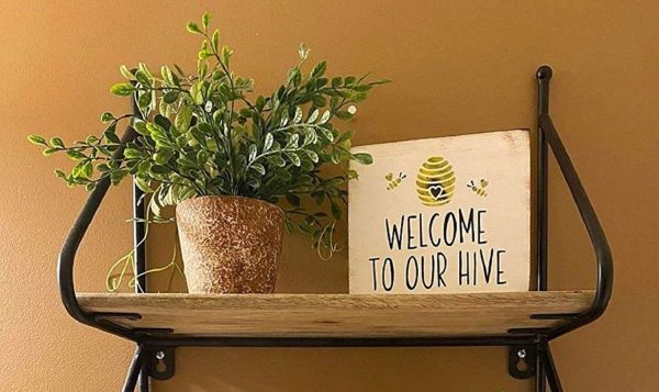 Welcome to our hive bee Spring wood farmhouse home decor block shelf sign