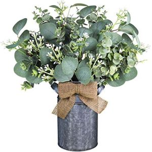 Winlyn Set of 1 Farmhouse Galvanized Metal Milk Can Vase with Artificial Eucalyptus Leaves with White Seeds Greenery Arrangement for Rustic Wedding Table Centerpiece Shelf Tiered Tray Country Decor
