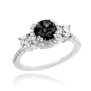 14k White Gold White Diamond Halo 3-Stone Black Diamond Engagement Ring (Size 7)