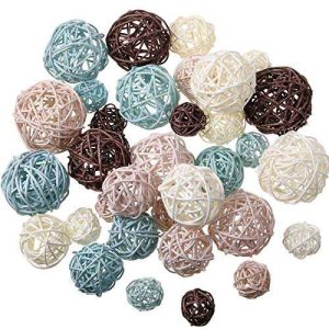 36 Pcs Wicker Rattan Balls Decorative Orbs Vase Fillers for Christmas Craft, Wedding Party, Aromatherapy Accessories Garden Decoration, 4 Sizes (Light Blue, Light Brown, Dark Brown, White, 36 Pcs)