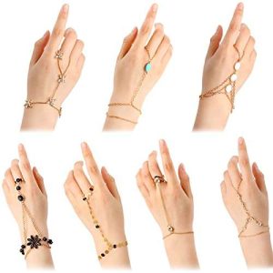 7 Pieces Ring Bracelet Hand Chain Bracelet Ring Hand Chain Set Finger Ring Bracelet Hand Harness Chain for Women Slave Bracelet with Ring Boho Chain Tassel Crystal Bracelet for Women Girls Gifts