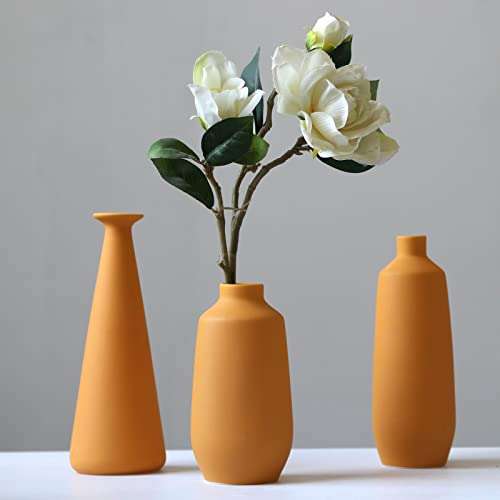 Abbittar Ceramic Vase Set of 3, Minimalistic Style Flower Vase for Rustic Home Decor, Modern Farmhouse Decor, Living Room, Shelf Decor, Table Decor, Bookshelf, Mantel and Entryway Decor-Orange/Yellow