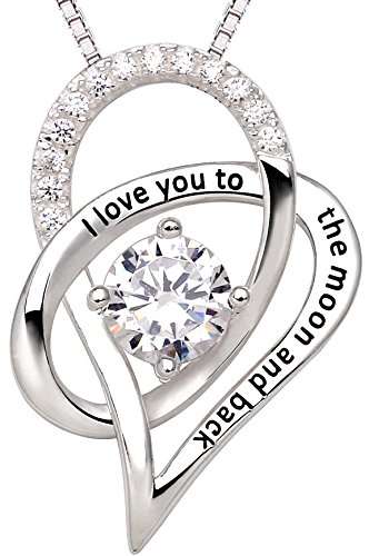 ALOV Jewelry Sterling Silver"I Love You To The Moon and Back" Love Heart Cubic Zirconia Pendant Necklace